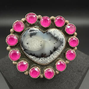 Hot Pink Crystal & Dendrite Opal Cluster Ring – Bernadine Begay Tsosie
